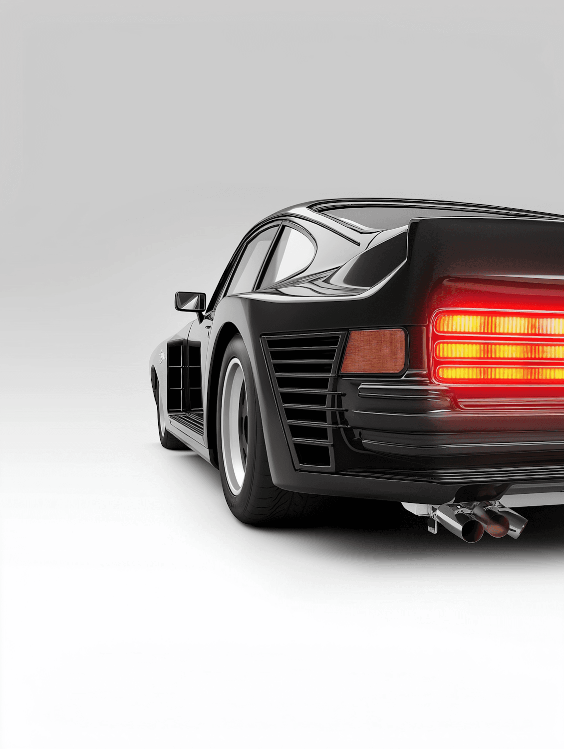 Rear three-quarter view of a dark sport car with its tail lights illuminated